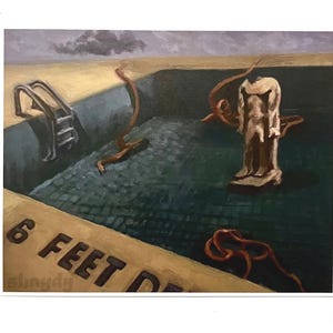 May include: A painting of a swimming pool with a sculpture of a person in the water. The pool is surrounded by a yellow deck with the words "6 FEET DEEP" written on it.