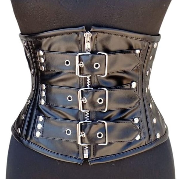 Women's Underbust Waist Trainer Faux Leather Heavy Duty Double Steel Boned Black Corset