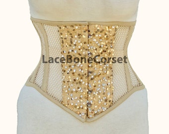 Steel Boned Mesh & Sequin Under bust Waist Trainer Nude Corset