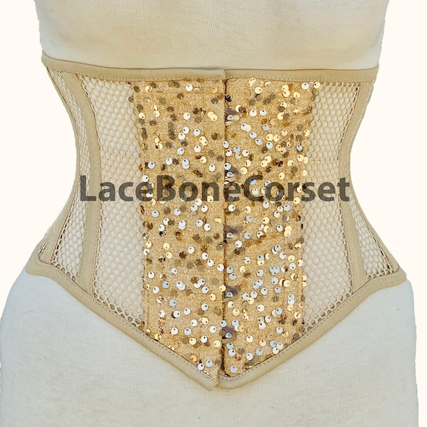 Skin Women's Waist Trainer Corset , Steel Boned Corset , Underbust Shaper Weight Loss Corset , Beige / Skin Mesh / Sequin Corset