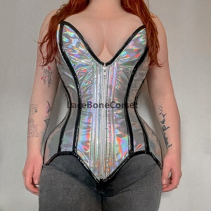Heavy Duty Steel Boned Overbust Holographic PVC Multi Color Waist Trainer Front Zipper Corset