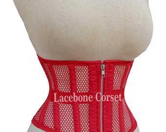 Red Steel Boned Mesh Corset, Underbust Waist Trainer, Shaping with Zipper Corset