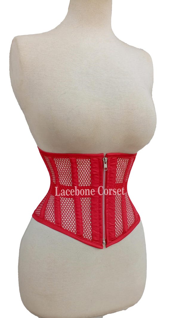 Red Steel Boned Mesh Corset, Underbust Waist Trainer, Shaping with Zipper Corset