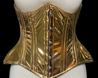 Gold PVC Underbust Corset: Goth Waist Training, Steel Boned