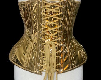 Gold PVC Underbust Corset: Goth Waist Training, Steel Boned