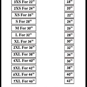 May include: A size chart for a waist training corset. The chart shows the natural waist size in inches and the corresponding closed corset size in inches. The chart includes sizes from 3XS to 7XL.