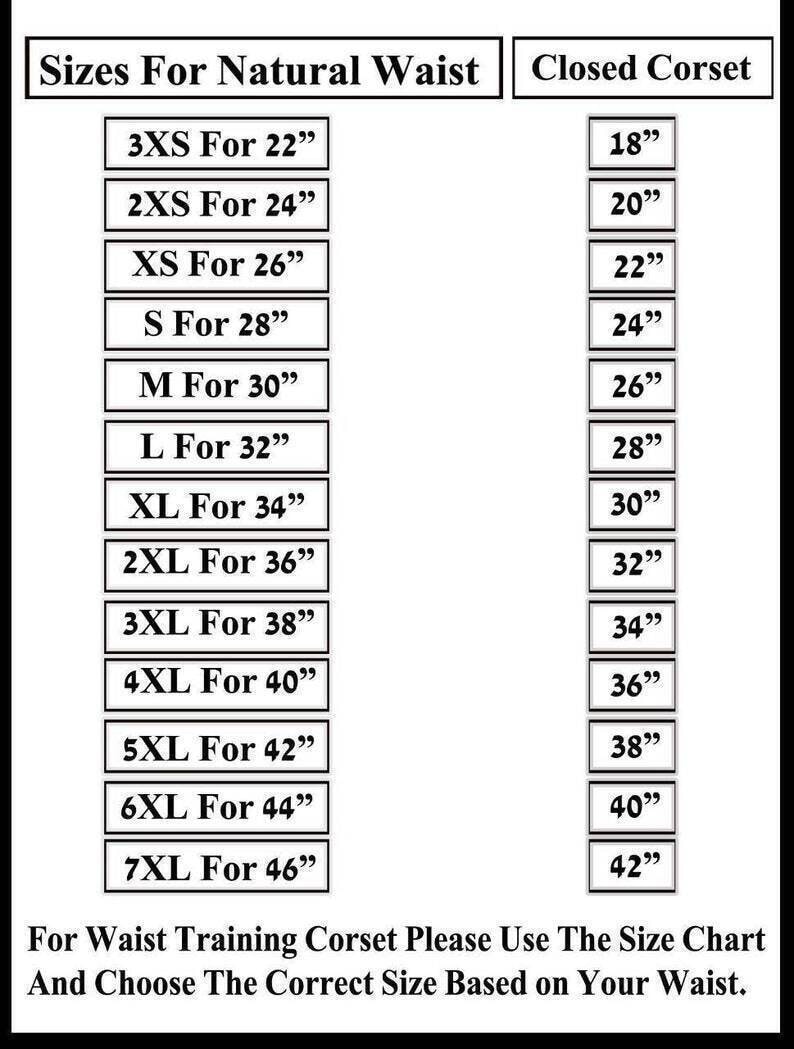 May include: A size chart for a waist training corset. The chart shows the natural waist size in inches and the corresponding closed corset size in inches. The chart includes sizes from 3XS to 7XL.