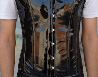 Men's PVC Corset Vest: Steel Boned Lace-Up Waist Cincher