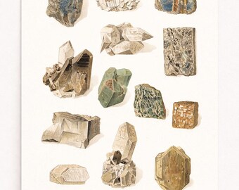 Stampa artistica di studio minerale minimale, illustrazione di cristallo neutro, arte murale nei toni della terra