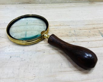 Antique Brass Magnifying Glass: 4-inch Vintage Reader, Wooden Handle
