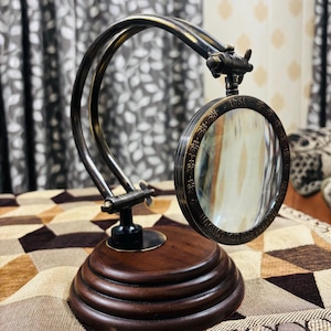 Antique Brass Magnifying Glass with Wooden Base Adjustable Magnifier Lens Table Top Decor
