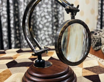 Antique Brass Magnifying Glass with Wooden Base Adjustable Magnifier Lens Table Top Decor