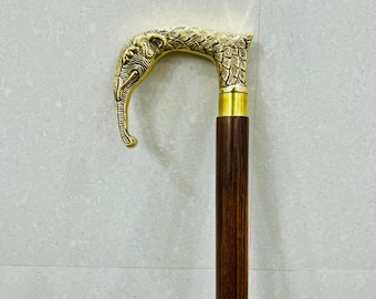 Bastón de madera hecho a mano con mango de cabeza de elefante de latón