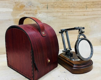 Antique Brass Magnifying Glass with Wooden Stand & Leather Case