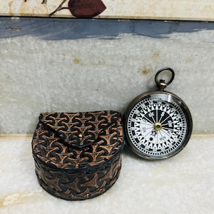Antique style brass compass with leather box