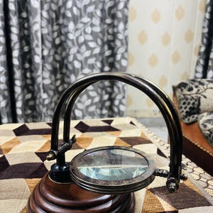 Antique Brass Magnifying Glass with Wooden Base Adjustable Magnifier Lens Table Top Decor image 2