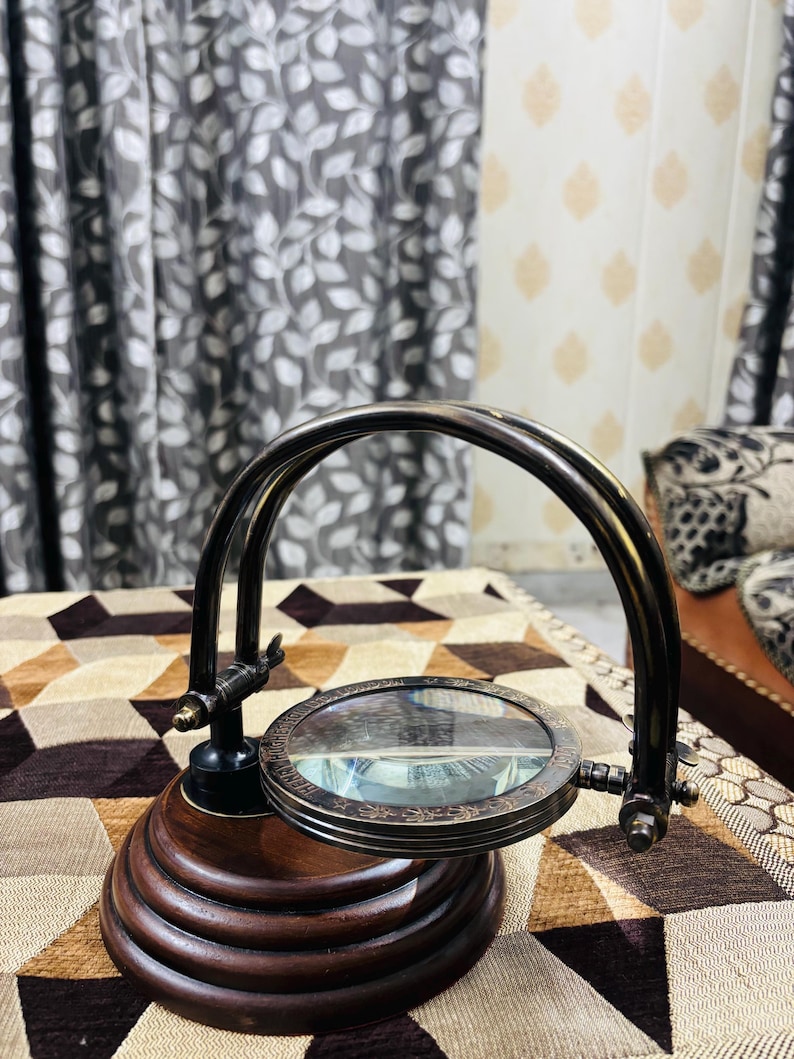 Antique Brass Magnifying Glass with Wooden Base Adjustable Magnifier Lens Table Top Decor image 2