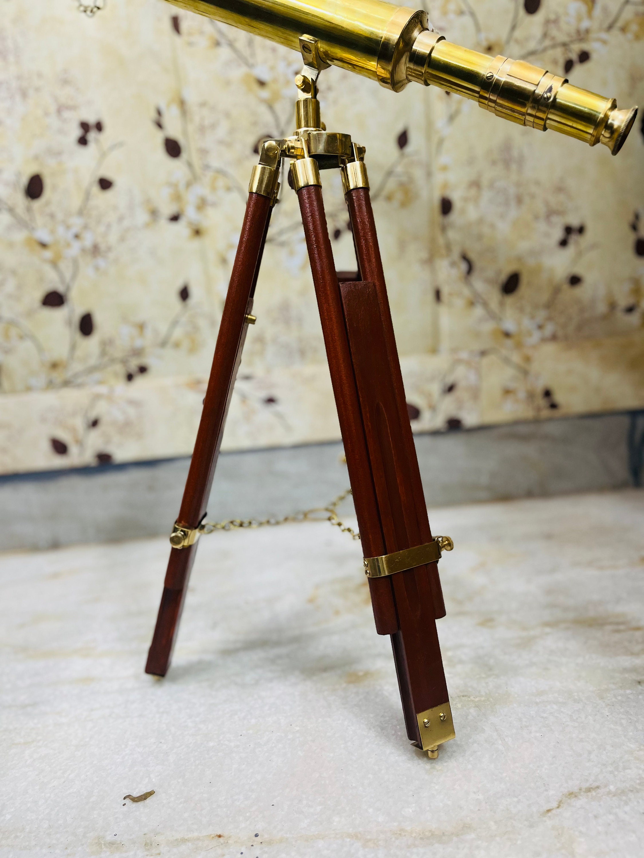 Brass 42 Inch Telescope With Wooden Tripod Stand Antique Nautical Floor