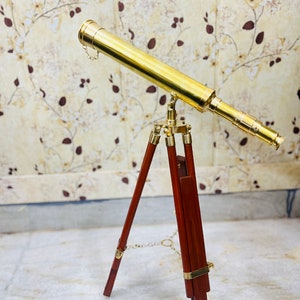 Brass Telescope With Wooden Tripod Stand Maritime Nautical Vintage Desk Decor