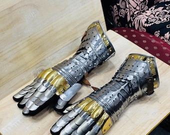 Handmade Armor Pair Brass Accents Gloves Medieval Knight Crusader Steel Gauntlet