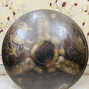 Antique Brass Finish Iron Shield: Etched Medieval LARP Shield