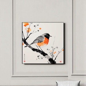 Japanese robin perched on a branch Minimalist Sumi-e Ink Painting Printable Wall Art | Japanese Zen Style Decor | 10 Watercolor Digital Art