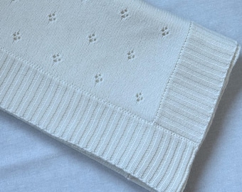 Milk Cashmere Knit Blanket with Eyelet Pattern | Handmade Newborn Cashmere Throw | Soft Natural Cashmere Gift