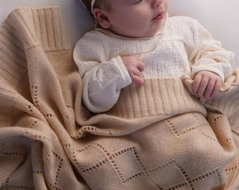 Ivory Cashmere Baby Blanket, Diamond Knit Pattern, Handmade Newborn Gift, Heirloom Quality
