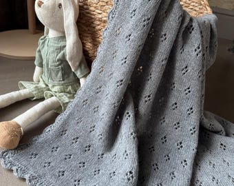 Handmade Cashmere Baby Blanket – Soft Gray Lace Knit | Newborn Blanket 70×70 | Luxury Baby Shower Gift | Neutral Heirloom First Baby Gift