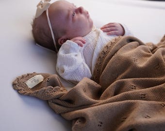 Handmade Cashmere Lace Baby Blanket | Soft Caramel Knit | Neutral Newborn Gift | Luxury Baby Shower Present