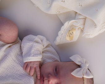 Handmade Cashmere Baby Blanket | Heirloom Newborn Gift | Soft Knit Cream Wrap | Luxury Baby Shower Present