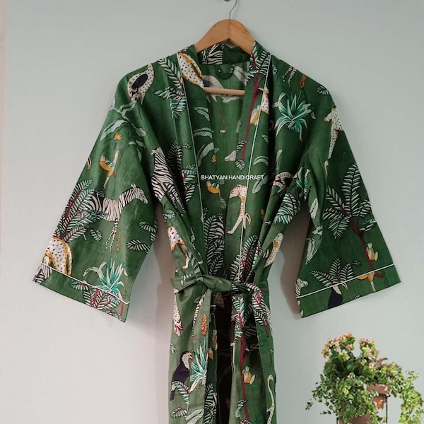 Green 100% Cotton Indian Beach Kimono Robe ,Kimono Robe,Cotton Robe,Shower Robe, Maternity Robe Bath robe Dressing Gown Beachwear long/short