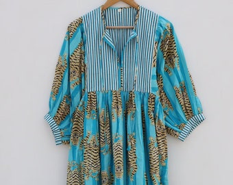 Robe longue en coton imprimée à rayures de tigre faite main, Robe longue d'été pour femme, Robe midi, Robe décontractée, Col profond avec cordon de serrage