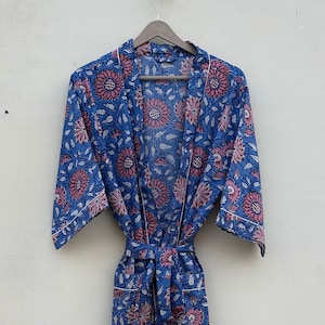 Block Printed Cotton Kimono, Robes for Women, Kimono, Dressing Gown, Vintage Kimono Bridesmaid Robes Bridal Robe Gifts for Her Long Bathrobe