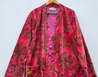 Reversible Floral Samt Robe, lange Winterjacke
