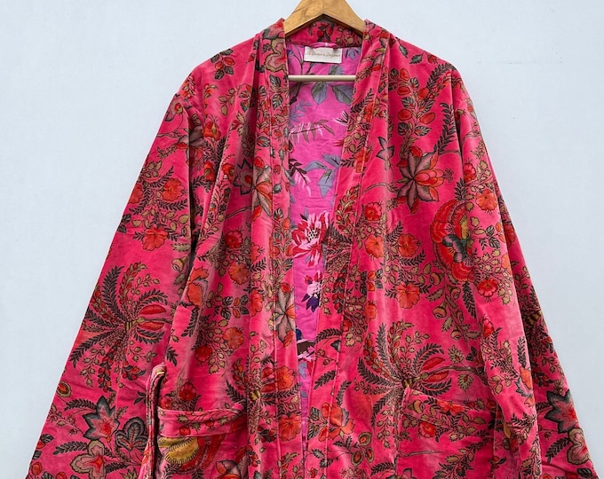 Reversible Floral Velvet Robe, Long Winter Jacket