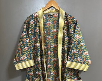 Damenbekleidung Handgefertigter Blumendruck Baumwolle Kimono Robe Morgenmantel, Brautjungfer Robe, Sommernachtwäsche, Einheitsgröße
