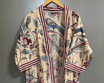 Baumwolle Kimono Robe Morgenmantel, Brautjungfer Robe mit Blockprint, Sommer Nachtwäsche, Einheitsgröße