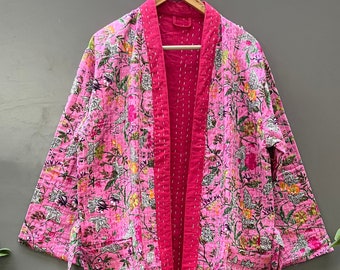Krótka kurtka Kantha w kwiaty, ręcznie robiony bawełniany szlafrok kimono