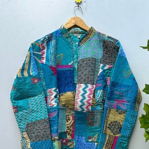 Silk coat summer mini boho lightweight topper wide loose open front kantha stiched silk jacket natural hippie comfy loose free size coat