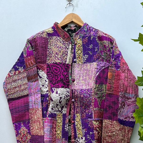 Silk coat summer mini boho lightweight topper wide loose open front kantha stiched silk jacket natural hippie comfy loose free size coat
