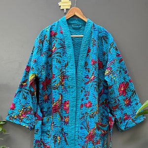 Kwiatowy szlafrok Kantha, szlafrok dla druhny, szlafrok, płaszcz kąpielowy, sukienka kopertowa, kimono plażowe, indyjski szlafrok Kantha