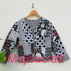 Cotton Quilted Jacket Women Wear Front Open Kimono Stripe piping HandMade Peach Vintage Quilted Jacket , Coats , New Style,.double side wear
