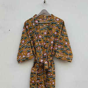 Indian Cotton Dressing Gown, Robes Lightweight Pure Cotton Kimono Robe Beachwear Kimonos, Organic Cotton Hand Printed Long Kimono