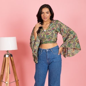 Recycled Silk Wrap Blouse, Hippie Fairy Core Crop Top, Front Tie Silk Tie Top, Silk Tie Top, Beach Wear Crop Top, Summer Tops for Women