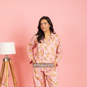 Indian 100% pure cotton pyjamas, Womens cotton pj&#39;s, Soft cotton pajama Set trousers shirts, Unique printed pyjama set, Block Print pj set