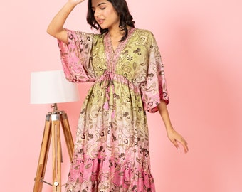 Floral Print Silk Maxi Dress, Boho Free Size Sari Dress