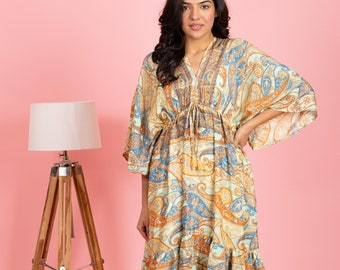 Floral Print Silk Maxi Dress, Boho Beach Coverup