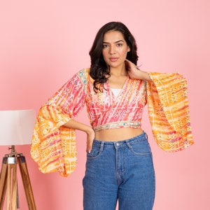 Silk Wrap Top/Bell Sleeve Crop Top/Tie front bell sleeve top/festival crop top/front tie front or back crop/Beach top/ Party Top/ Boho Top