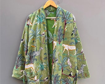 Robes kimono en velours à imprimé jungle verte, manteau en velours Morning Tea, robe de demoiselle d'honneur, robe en velours de coton pour femmes, veste en velours, robe de mariée
